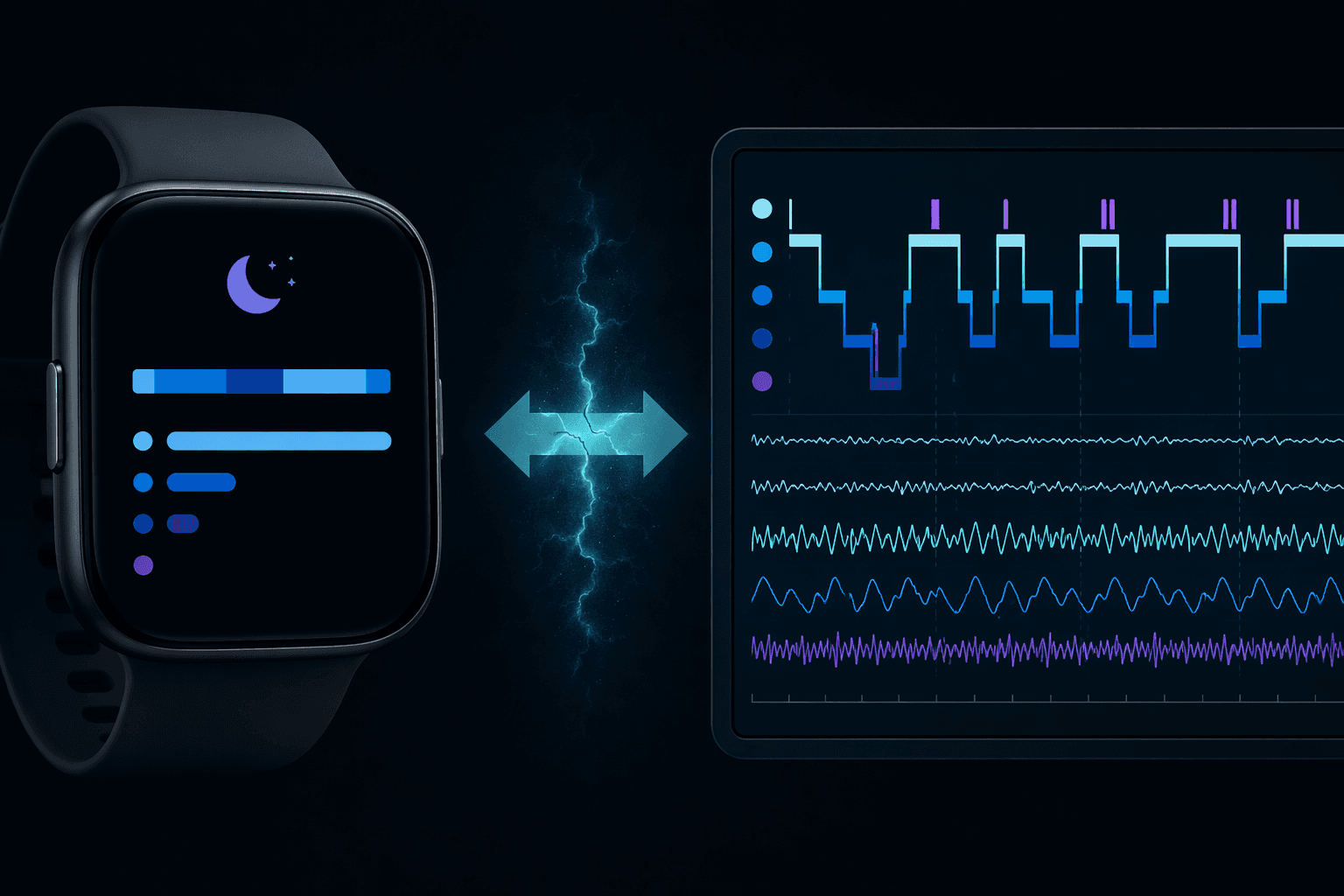 A Fitbit sleep stage chart compared with a clinical PSG brain wave readout, highlighting a gap between consumer stage estimates and lab measurement