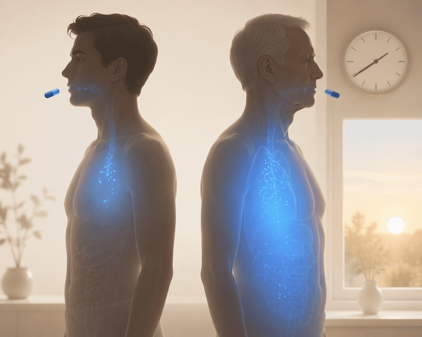 Comparison showing a sleep aid lingering longer in an older adult's body than in a younger adult's body