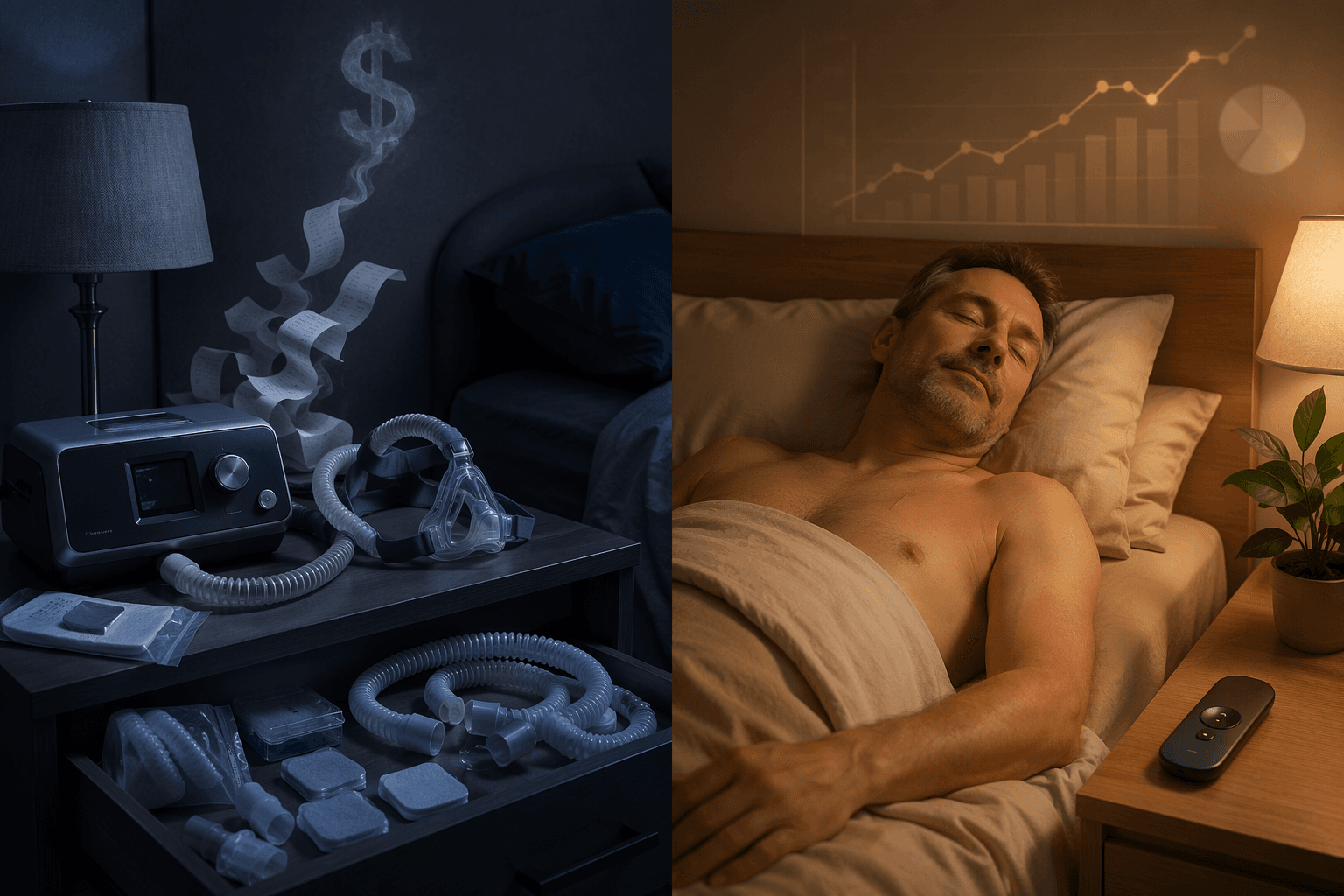 Split scene comparing CPAP supplies with Inspire implant decision