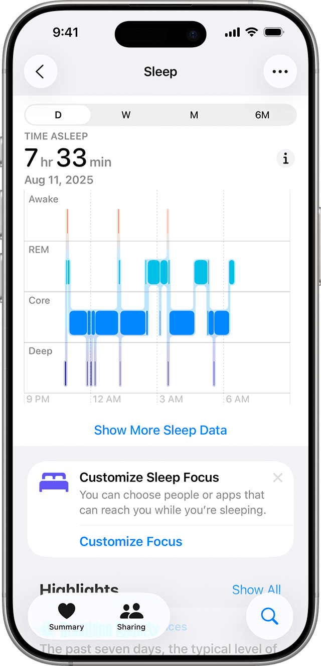 Apple Health sleep history screen showing Awake, REM, Core, and Deep sleep stages