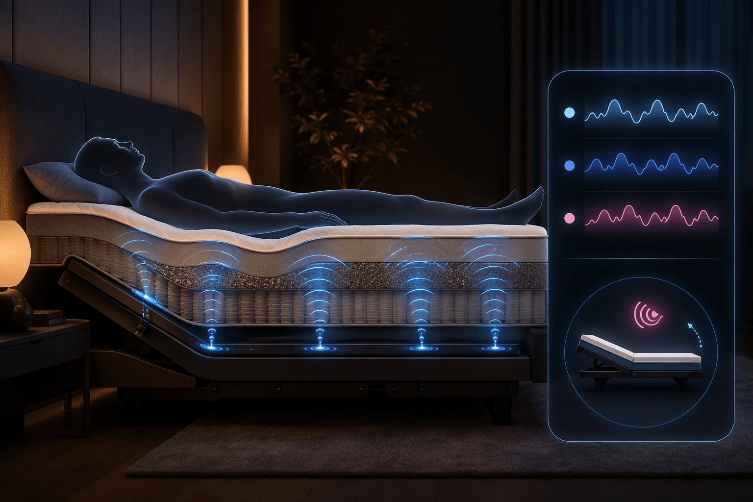 Mattress on an adjustable base with sleep-tracking sensor lines and a snore response icon