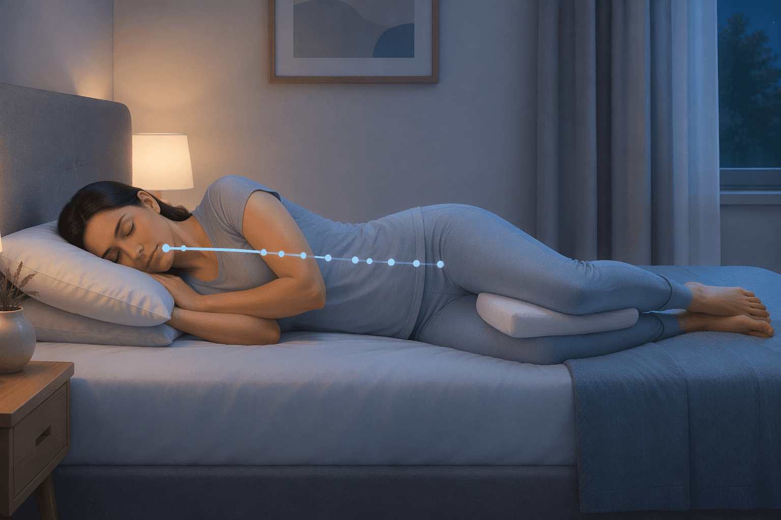 Side-view illustration of a person sleeping on their side with a pillow under the head and a smaller pillow between the knees, showing neutral spinal alignment.