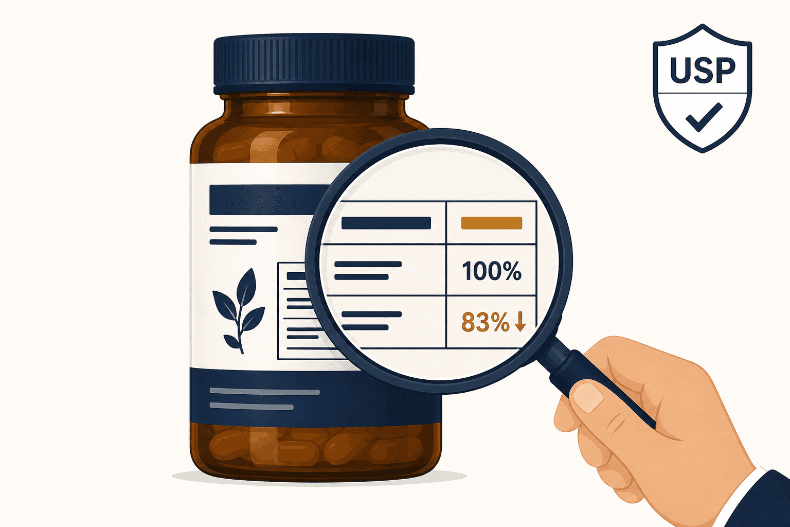 A flat editorial illustration of a supplement bottle with a magnifying glass revealing a label discrepancy, with a small shield verification icon in the corner.
