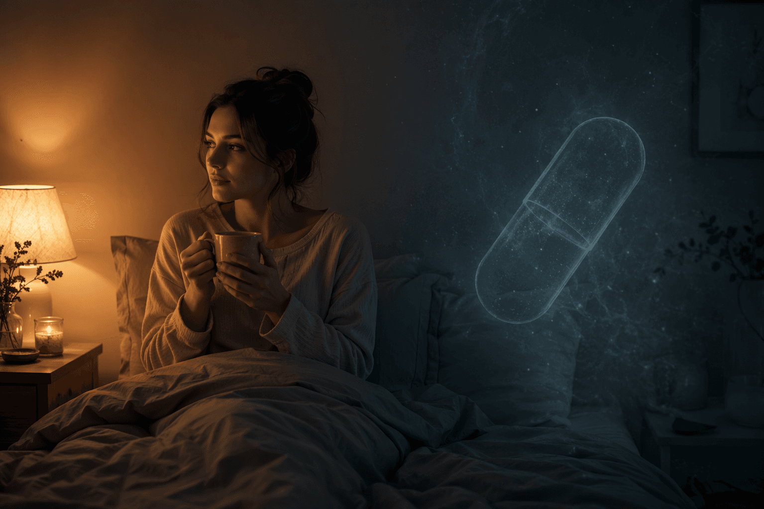 Person in bed holding warm tea under a dim lamp beside a faint capsule outline