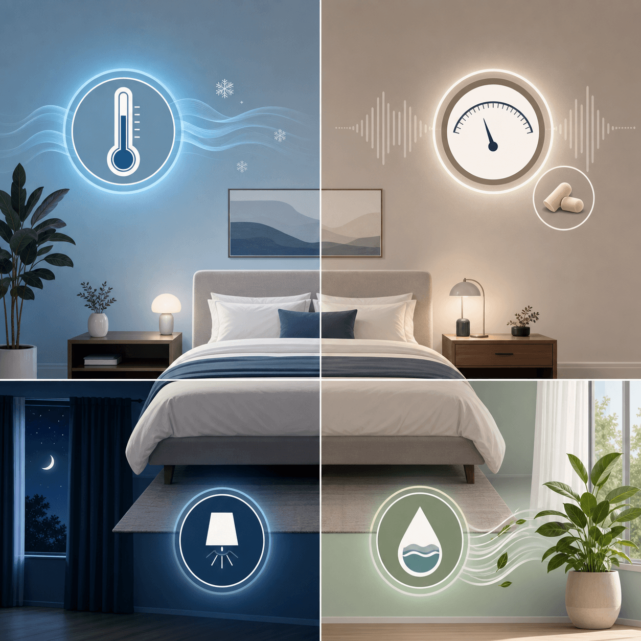 A bedroom environment split into four quadrants representing temperature, noise, light, and air quality, with a bed centered in cool blues and soft neutrals.