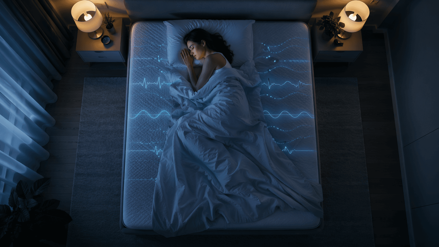 A person sleeping on a smart bed with subtle sensor waveform visualizations across the mattress