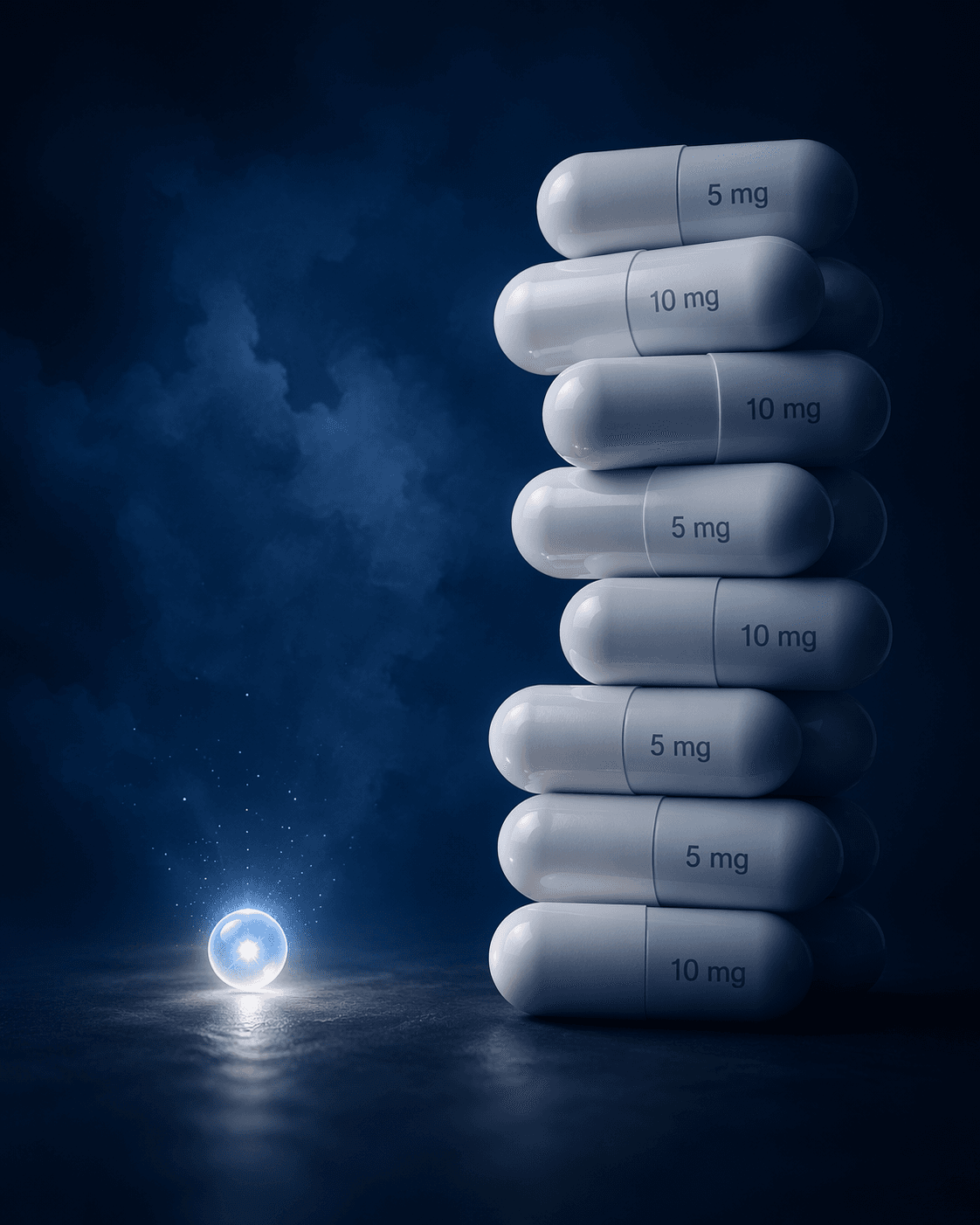 Small glowing melatonin signal beside oversized 5 mg and 10 mg capsules