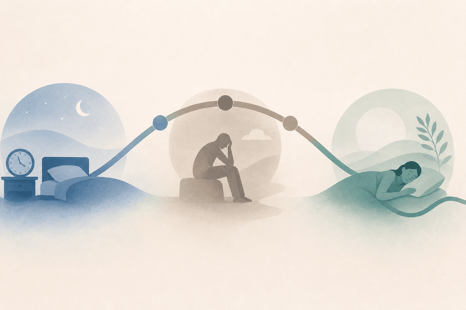 Editorial illustration showing the sleep restriction therapy treatment arc from a fragmented start through a difficult middle phase to consolidated, restored sleep on the right.