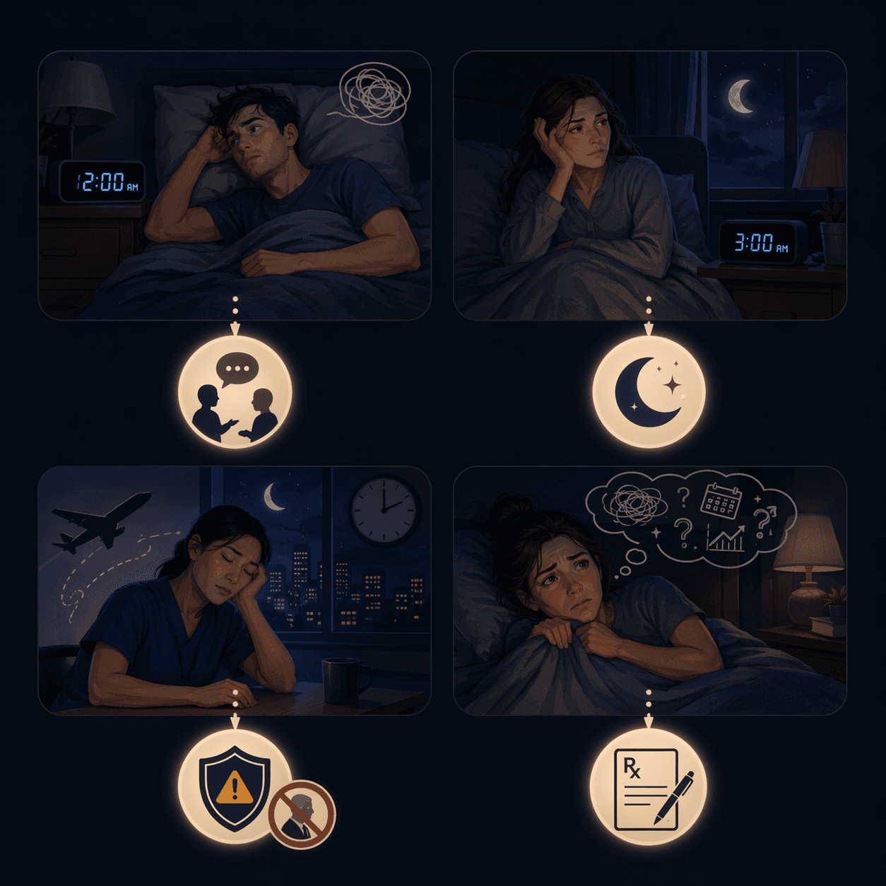 A four-part illustration showing trouble falling asleep, waking in the night, circadian disruption, and anxiety-linked insomnia with matching solution icons below each scenario.
