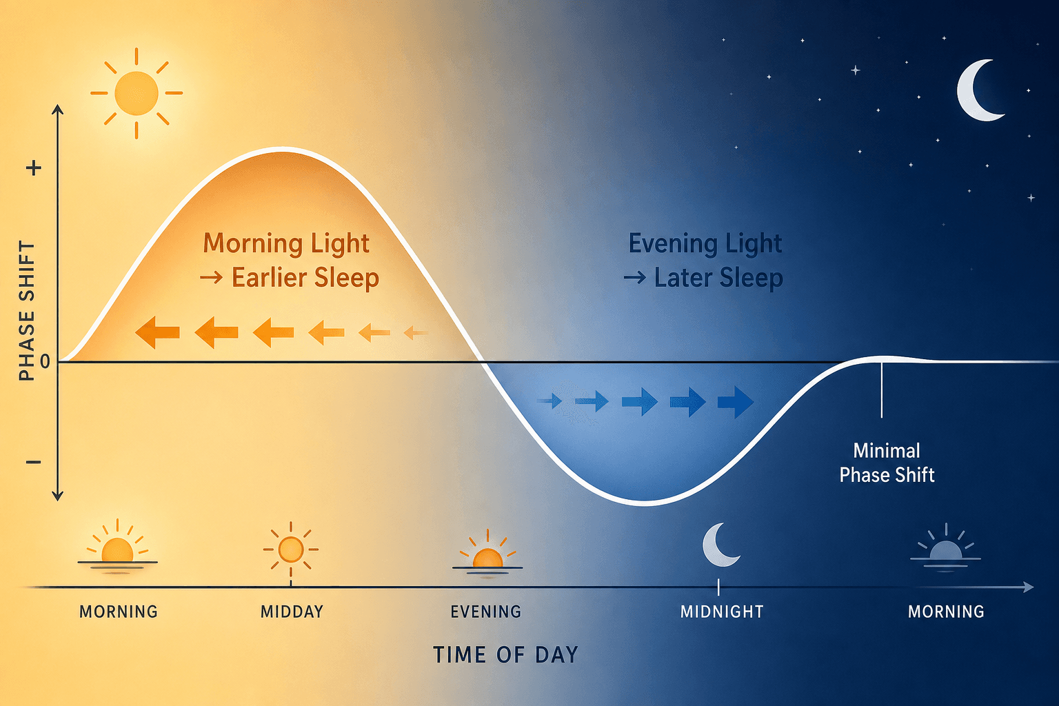 Phase response curve diagram showing warm golden arrows indicating phase advance in the morning and cool blue arrows indicating phase delay in the early evening, spanning a 24-hour timeline.