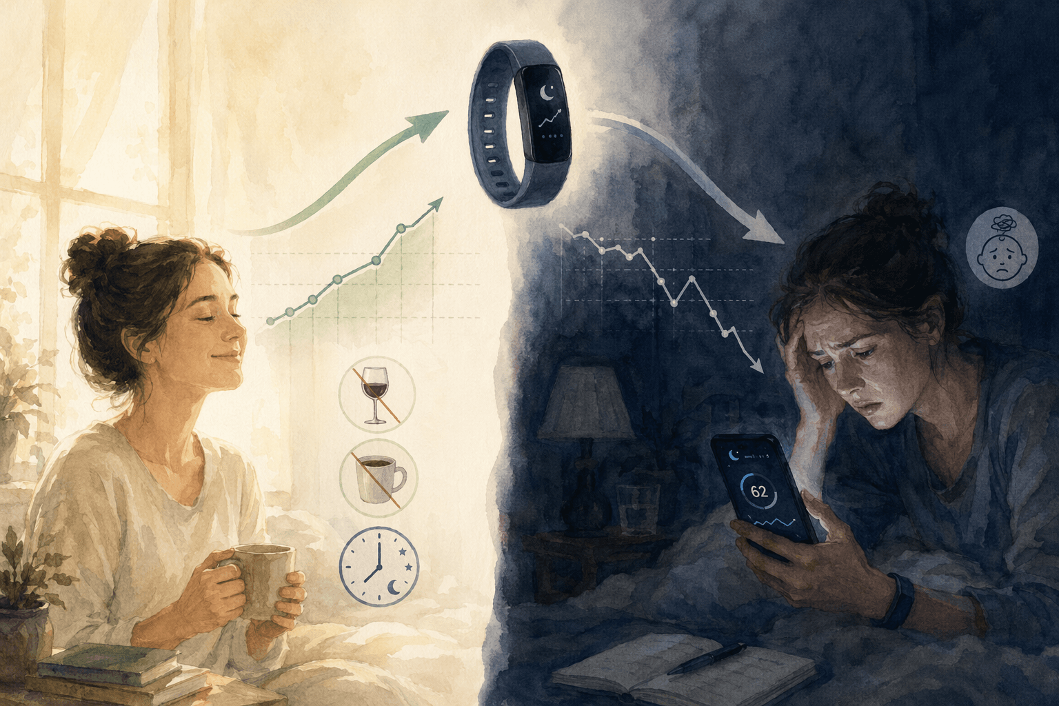 Split image showing one sleep tracker pathway leading to calm behavior change and another leading to anxious nighttime score checking