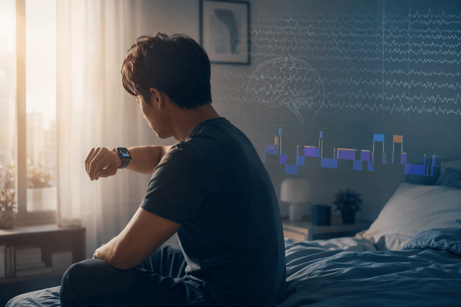 Person checking a smartwatch sleep score in bed while faint EEG brain wave patterns appear in the room