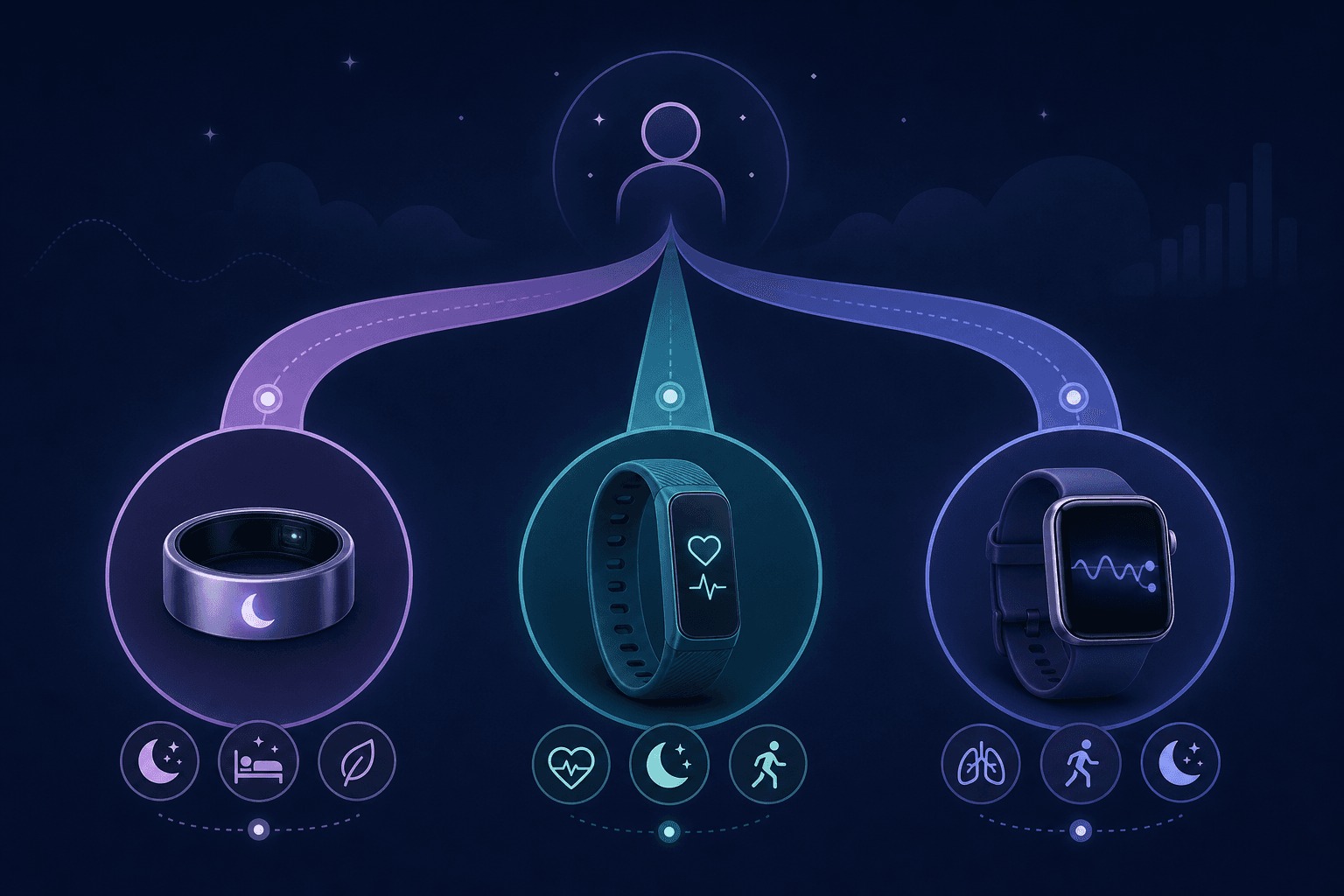 A decision framework illustration with three branching paths on a deep navy background with soft lavender and teal accents, showing a ring icon for sleep-first tracking, a wristband for balanced fitness and sleep, and a smartwatch for all-day use.