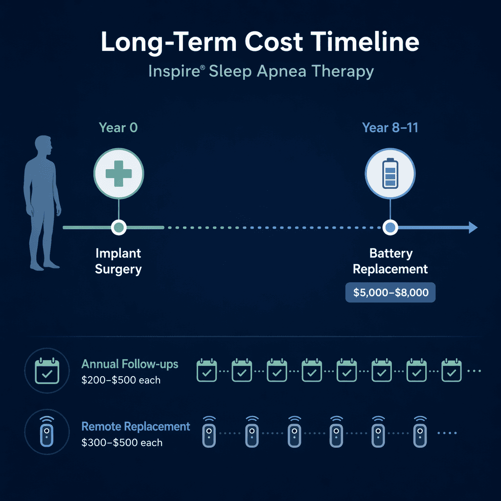 A flat vector editorial illustration on a dark navy background showing a horizontal timeline starting with a human silhouette and 'Implant Surgery' label. A dotted line extends to Year 8-11 showing a battery icon with '$5,000–$8,000' price tag. Along the bottom, recurring calendar checkmarks represent annual follow-ups with '$200–$500' and a remote device icon with '$300–$500'.