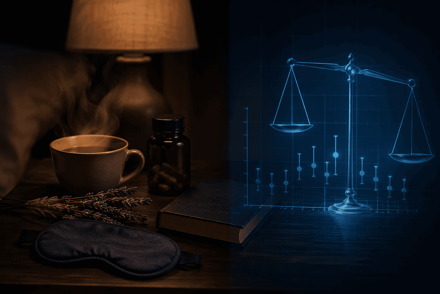 Bedroom nightstand with tea, supplements, lavender, sleep mask, and evidence graph overlay
