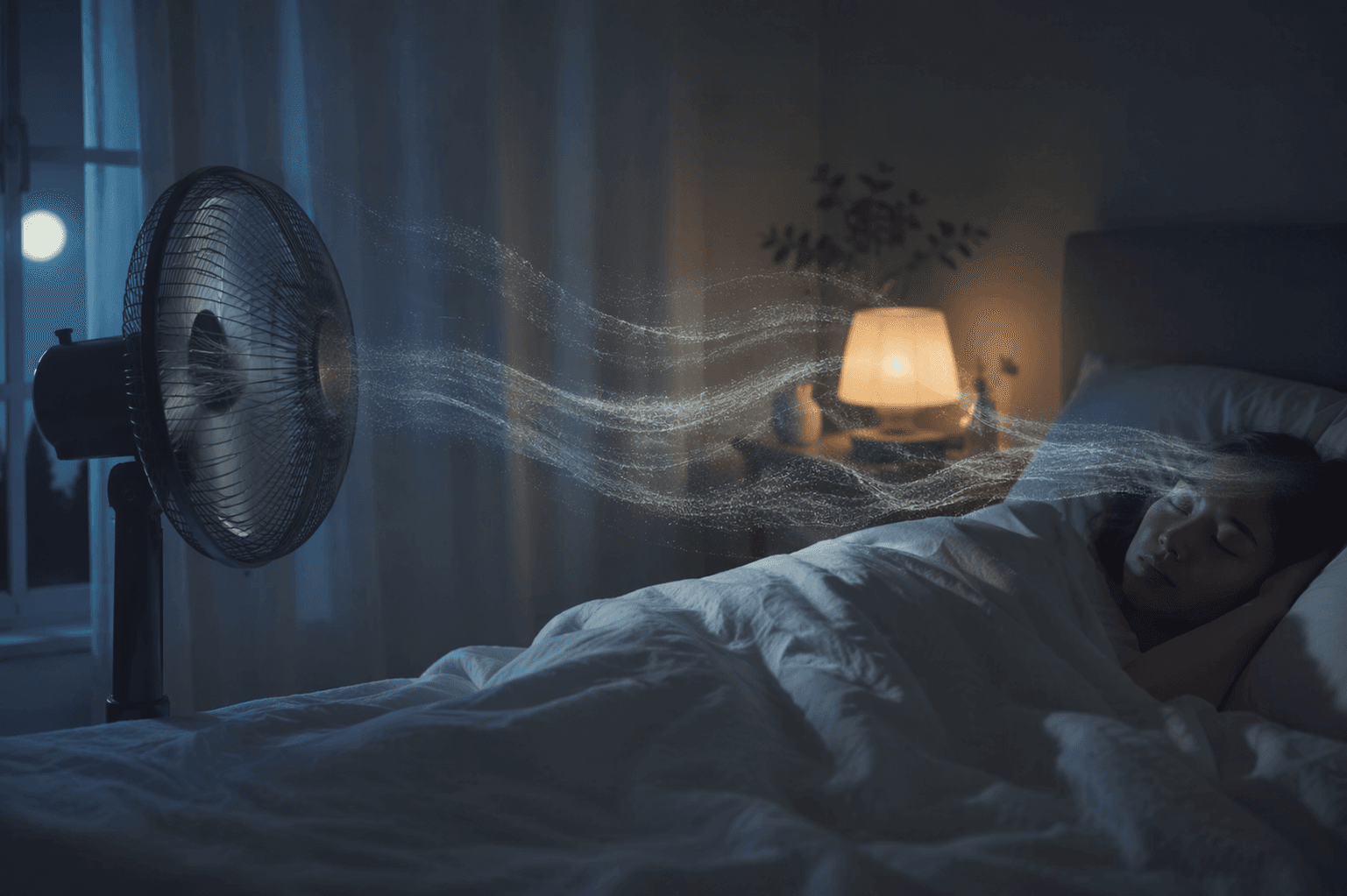 Person asleep beside a standing fan with visible airflow moving across the bedroom