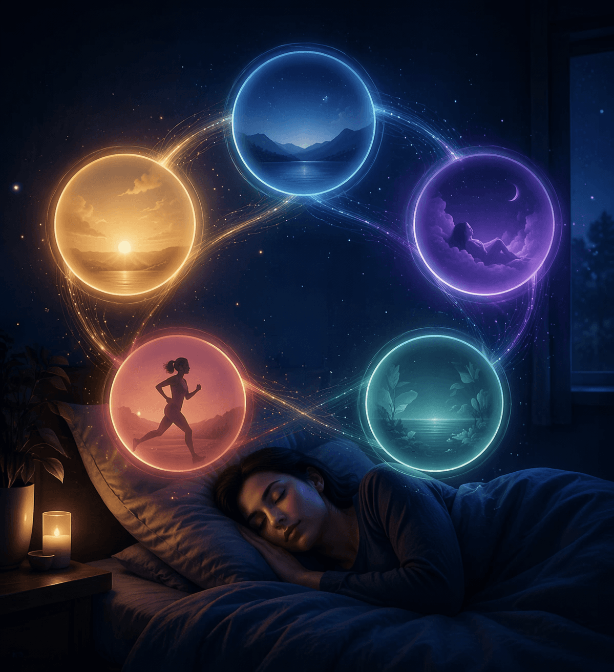 Person sleeping in a dark bedroom surrounded by five softly glowing interconnected rings