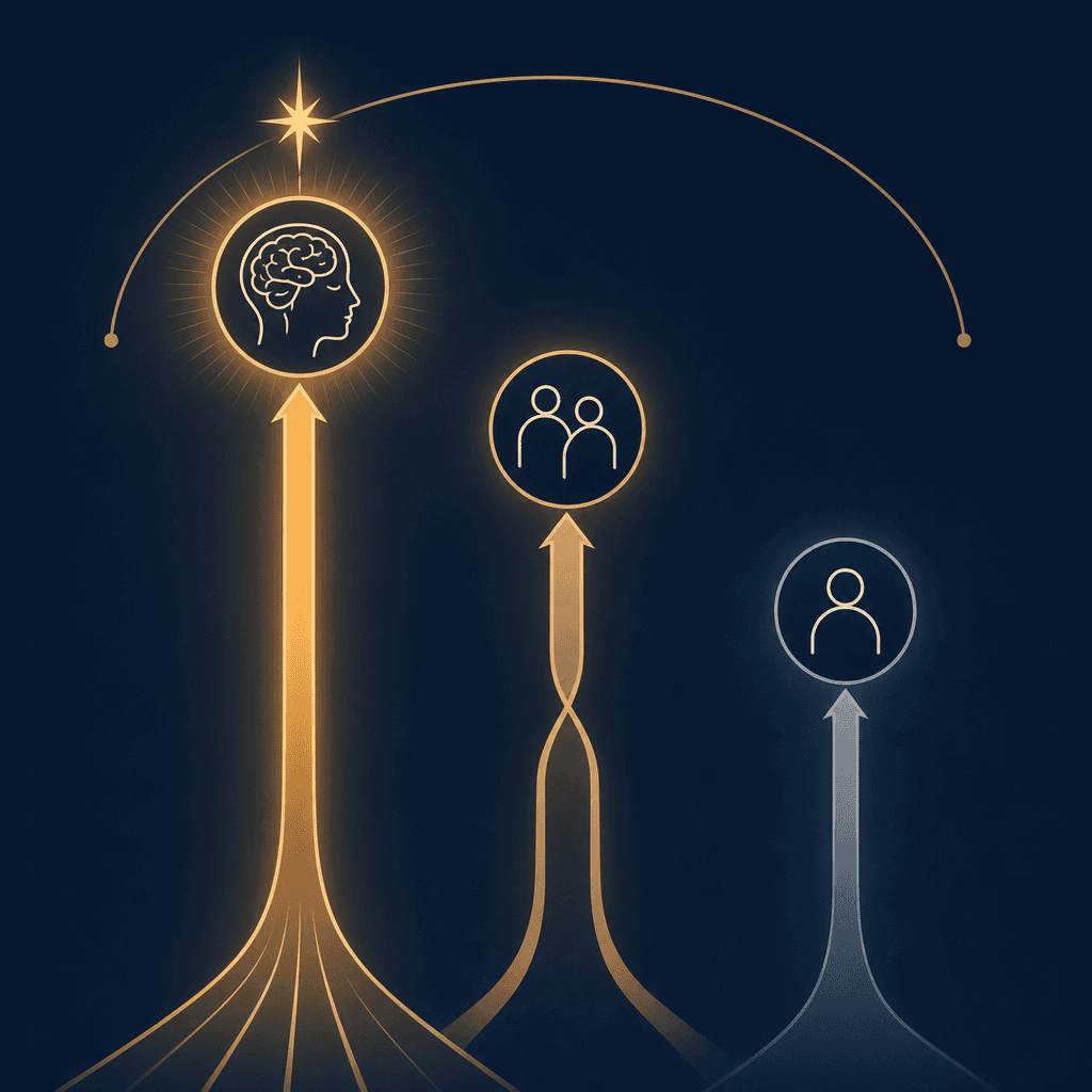 Editorial diagram on navy background showing three vertical columns of different heights representing long-term remission rates: tallest amber column for CBT-I alone, medium combined column, shortest muted column for medication alone