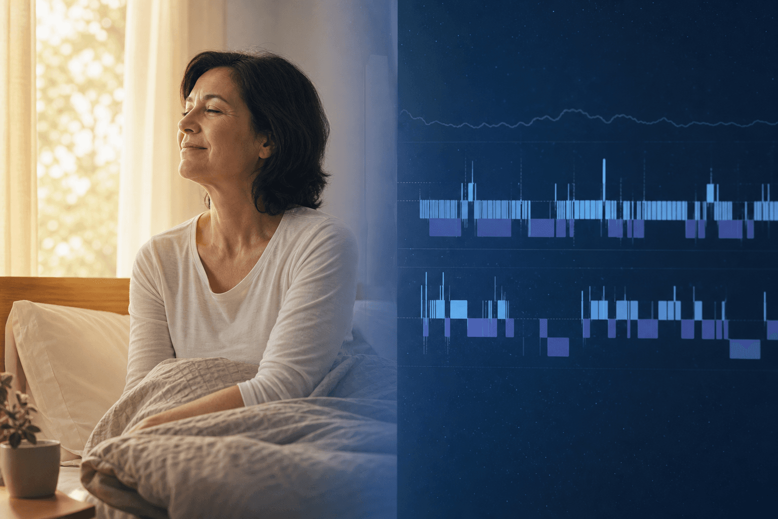 Split editorial scene: left side shows a calm person sitting up in bed in warm morning light with a rested expression; right side transitions to cool blue tones with an abstract fragmented sleep tracker graph overlay showing disrupted deep, light, and REM sleep stage bars, with a subtle vertical divide between the two halves.