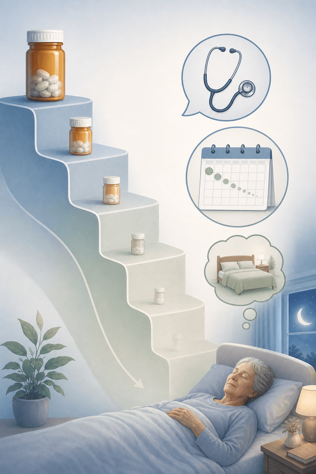 A gentle downward staircase illustration showing a pill bottle progressively shrinking and fading, leading to a peaceful bedroom scene.