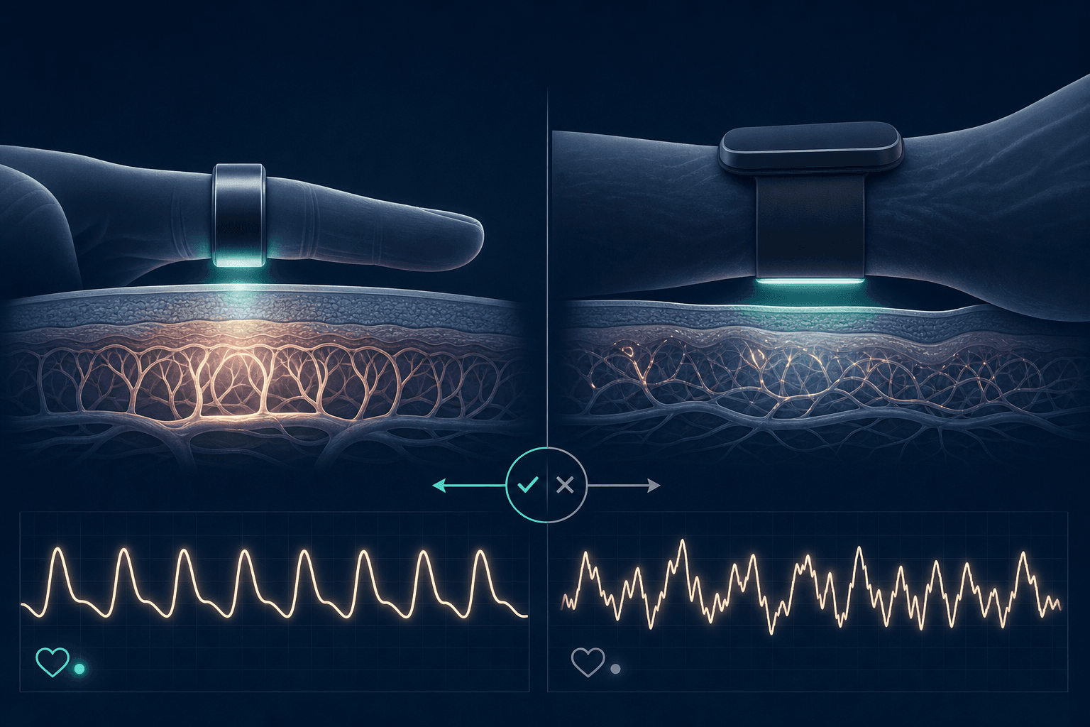 A diagram comparing PPG signal quality from a finger ring sensor versus a wrist-worn sensor, showing smoother signal lines from the finger placement.