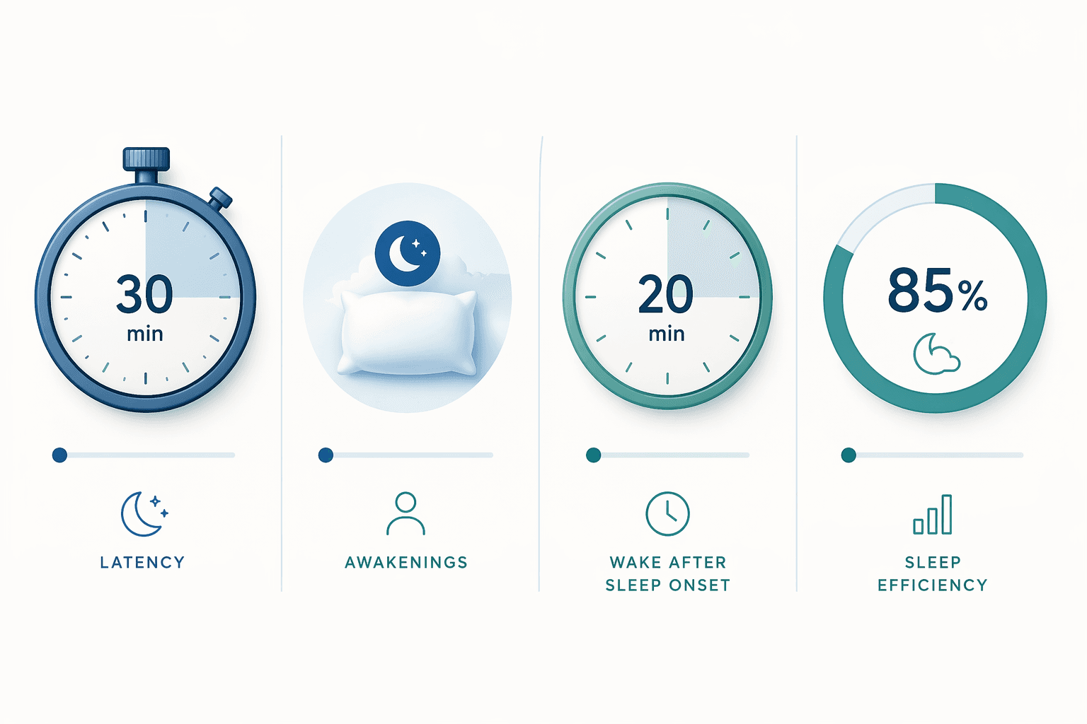 Four sleep quality benchmarks shown as icons for latency, awakenings, wake after sleep onset, and sleep efficiency