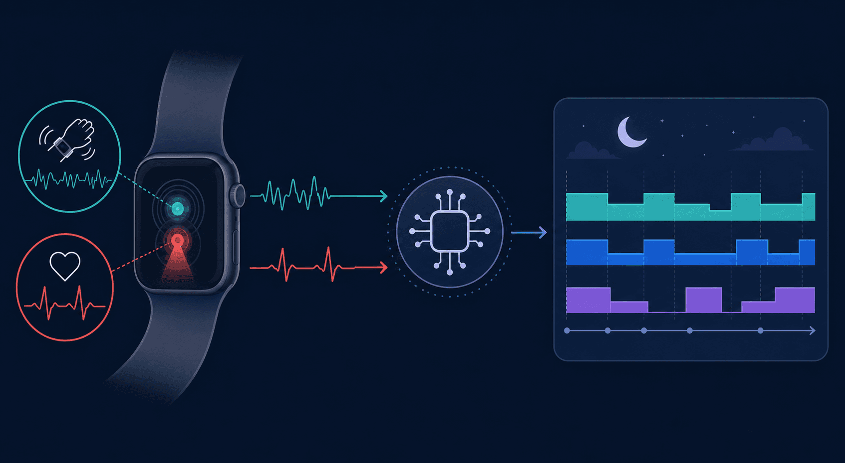 An editorial infographic showing the smartwatch sleep tracking pipeline: accelerometer and PPG sensors on the left, a processor icon in the center, and a sleep stage chart on the right.
