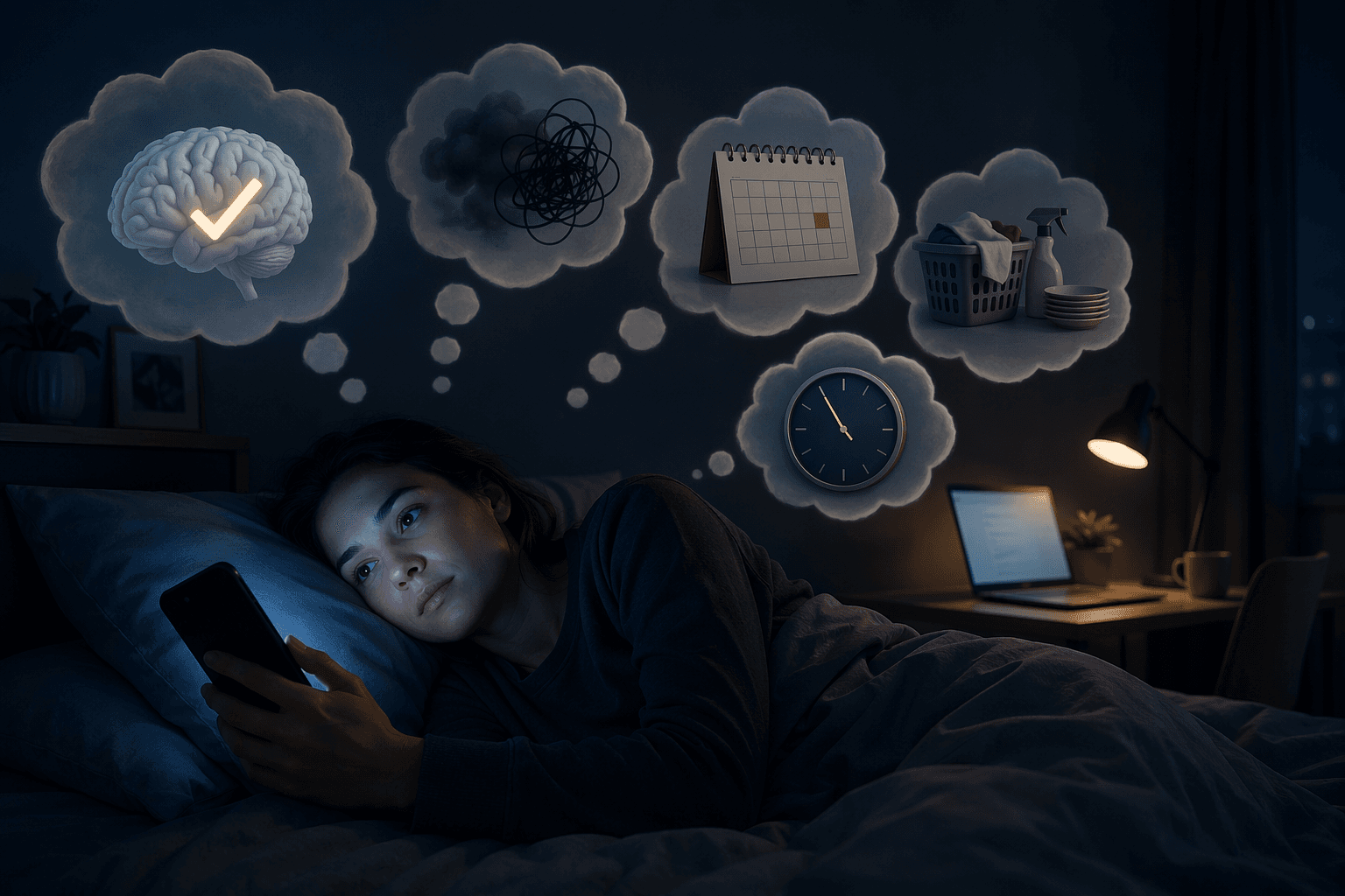 A person awake at night with phone and laptop glow while thought icons show stress, work, chores, and time pressure