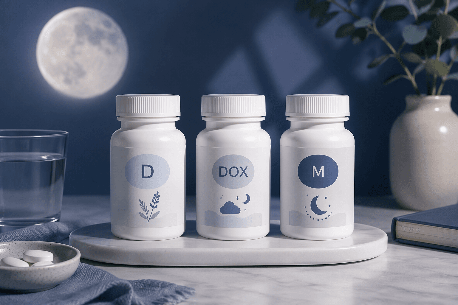 Three sleep-aid ingredient bottles representing diphenhydramine, doxylamine, and melatonin