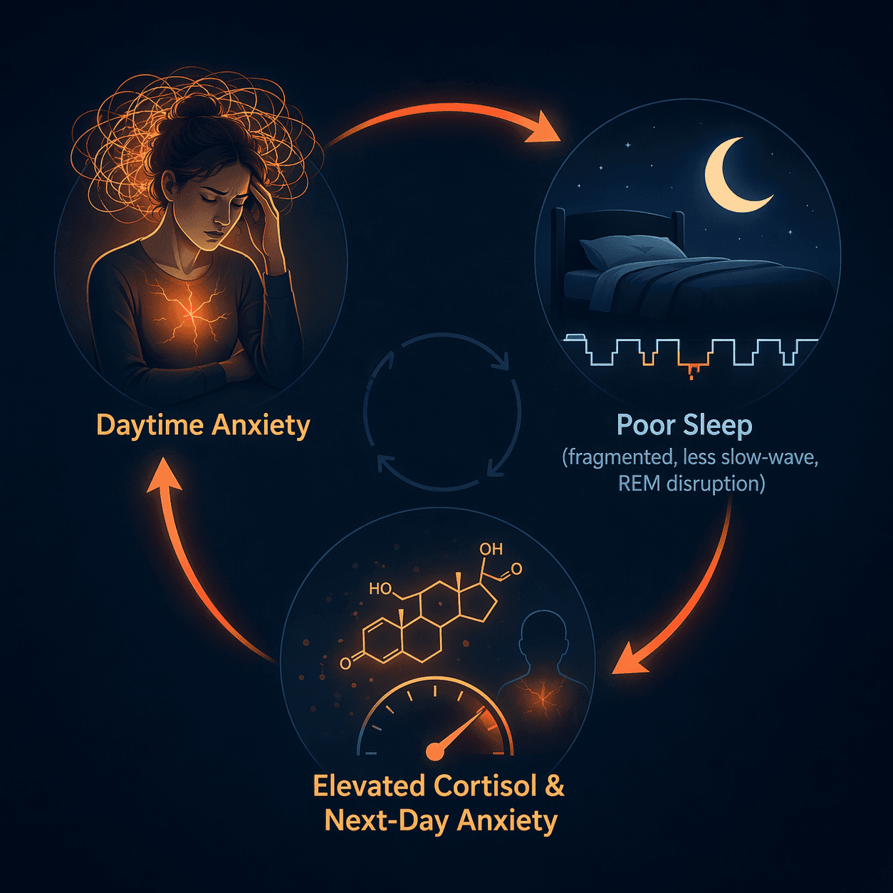 A feedback loop showing daytime anxiety feeding poor sleep and poor sleep feeding daytime anxiety again.