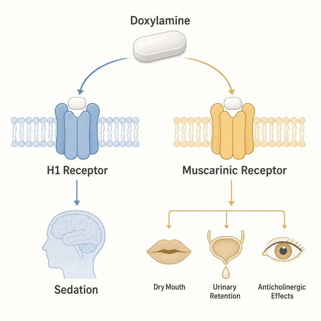 A two-column diagram showing doxylamine binding to H1 receptors leading to sedation, and to muscarinic receptors leading to dry mouth, urinary retention, and blurred vision.