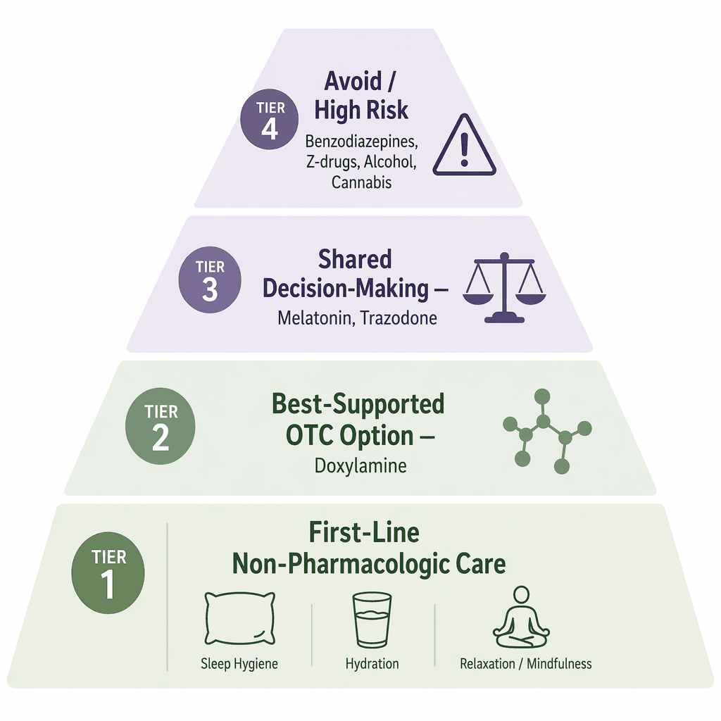 Four-tier pregnancy sleep aid safety framework from non-pharmacologic care to avoid or high-risk options