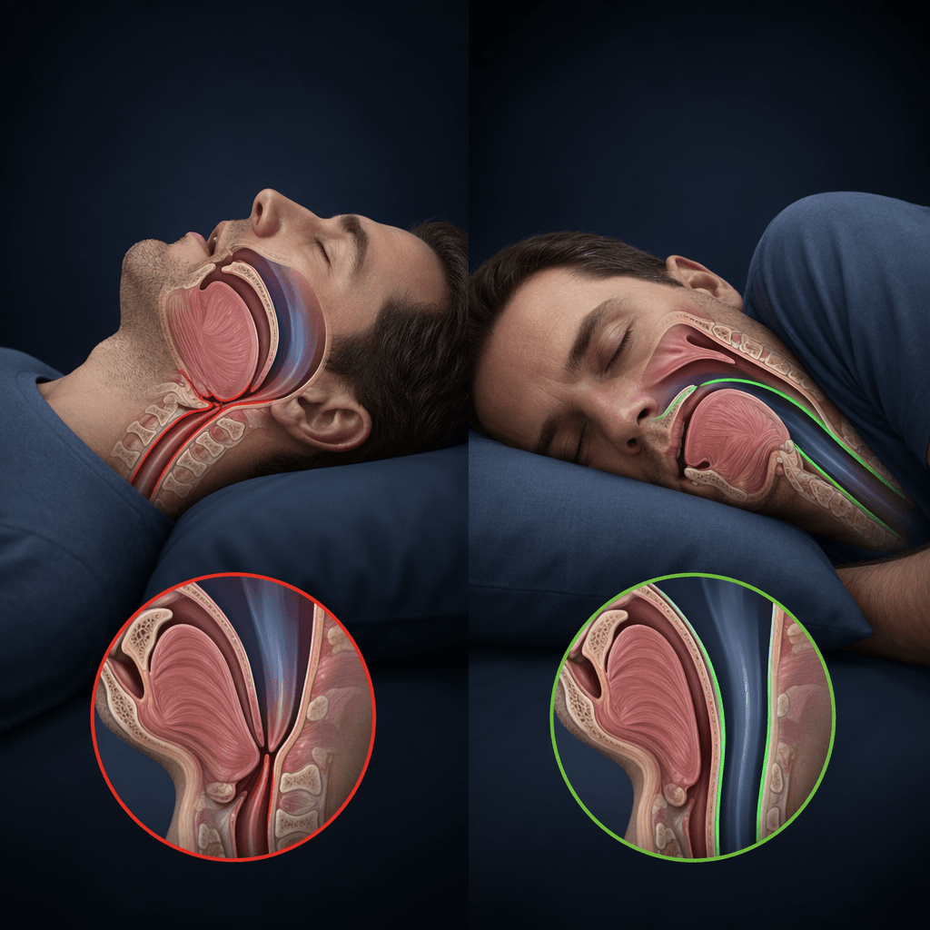 Comparison of back sleeping with a collapsed airway and side sleeping with an open airway