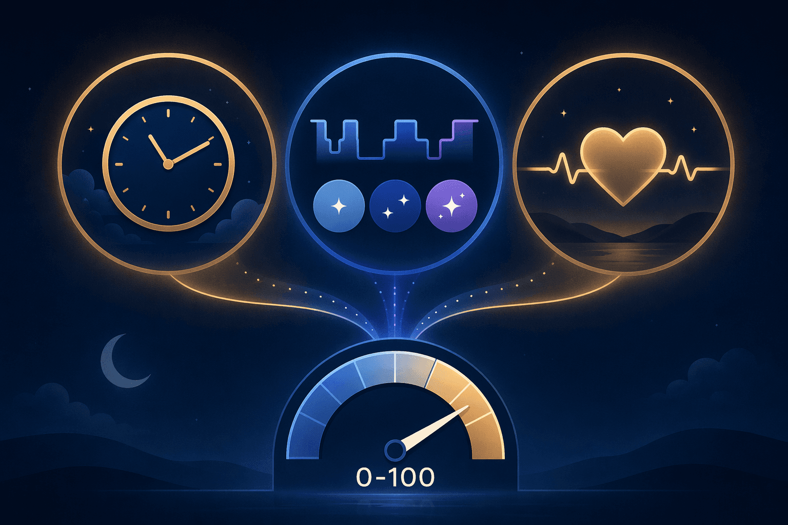 An explanatory editorial illustration showing three interconnected visual icons representing the Fitbit sleep score sub-components: a clock for duration, concentric circles for sleep stage quality, and a calm heartbeat line for restoration. The three elements flow into a single gauge at the bottom.
