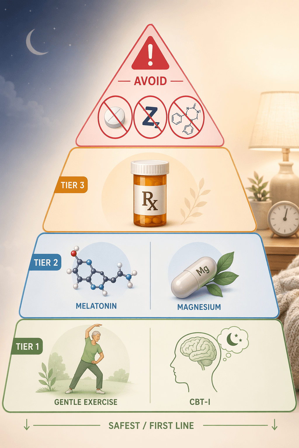 Four-tier hierarchy of older adult sleep aid safety, from CBT-I and exercise to cautious supplements, prescription options, and medications to avoid