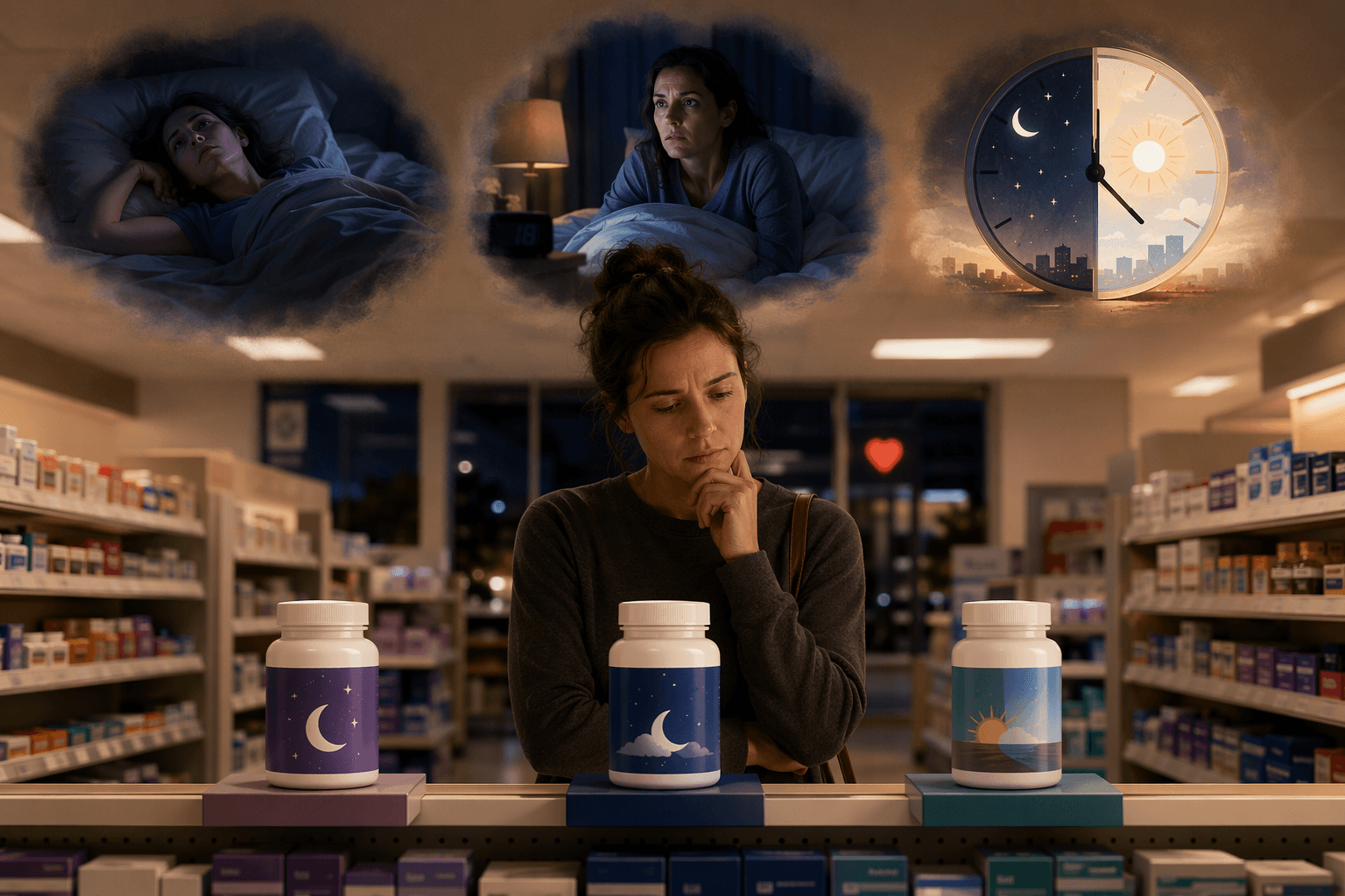 Tired adult comparing sleep aid products in a CVS aisle while thinking about falling asleep, waking during the night, and a mismatched body clock