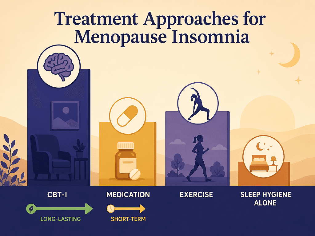 A conceptual comparison visual showing four treatment approaches for menopause insomnia: CBT-I, medication, exercise, and sleep hygiene alone.