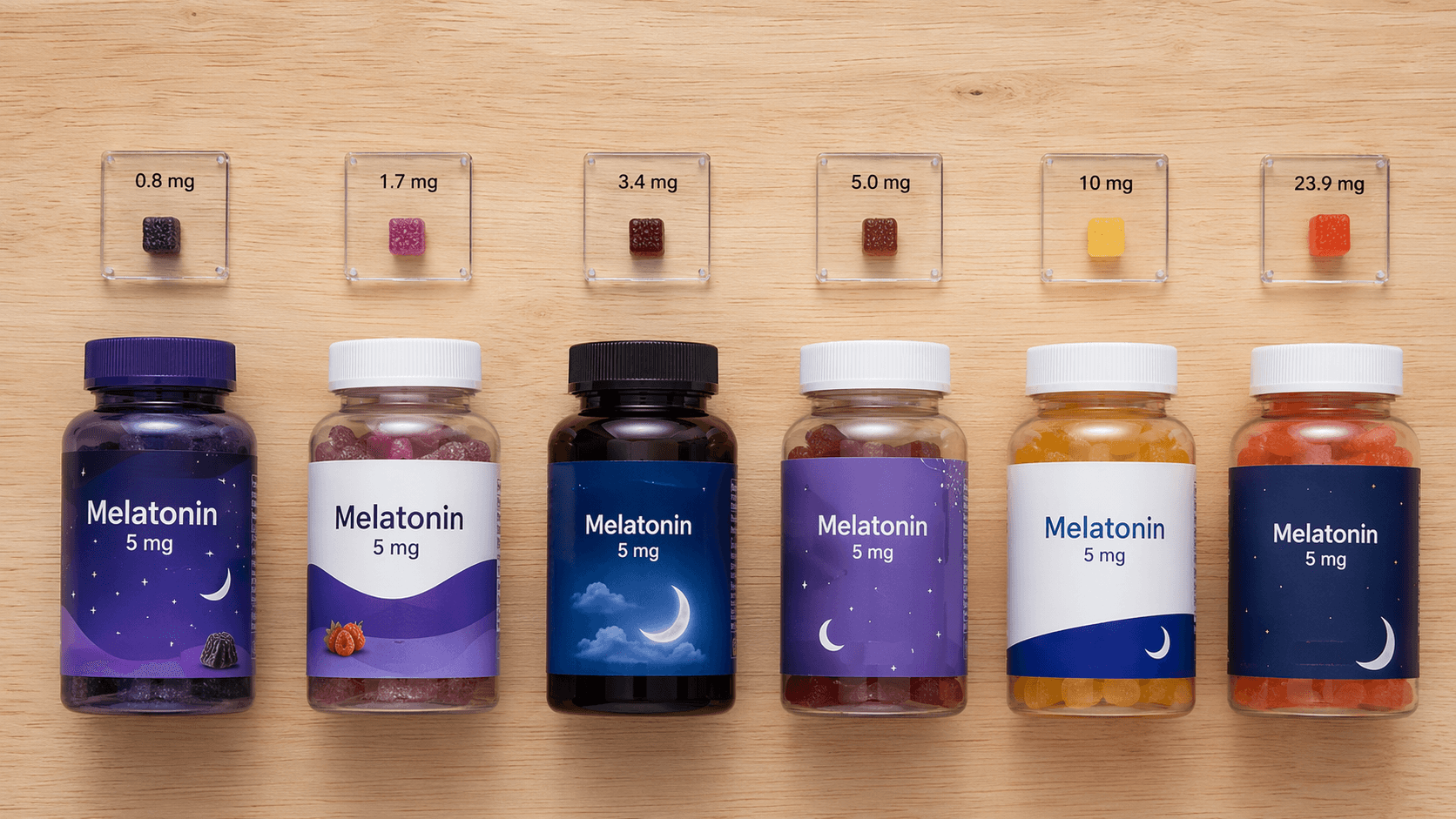 Melatonin gummy jars with floating markers showing actual contents ranging from 0.8 mg to 23.9 mg