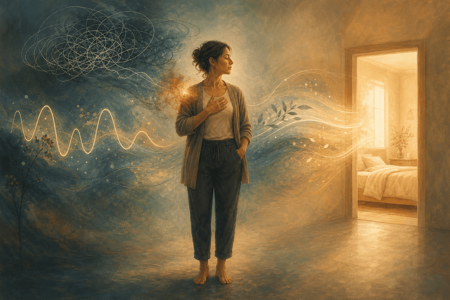 Editorial illustration of a calm adult figure surrounded by symbolic representations of comorbid conditions converging toward a warmly lit bedroom doorway