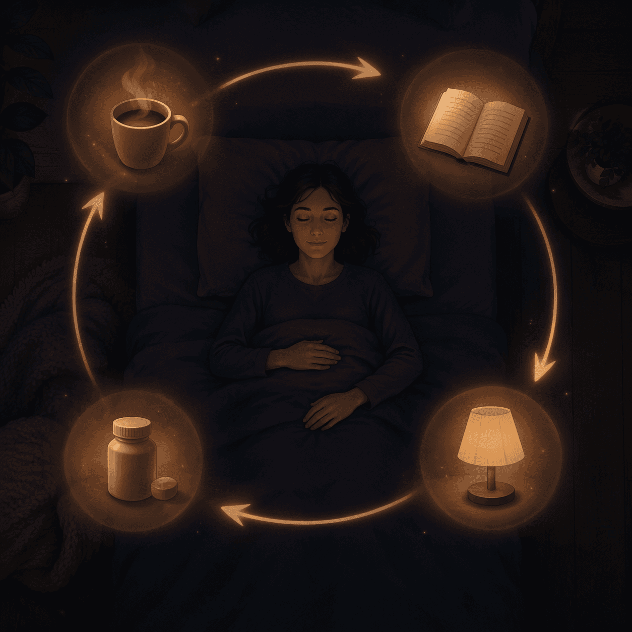 Overhead illustration of a bedtime routine with a mug, book, dim lamp, and supplement bottle in a circular flow