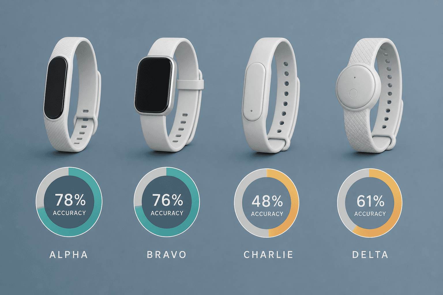 Editorial comparison graphic showing four minimalist wristband silhouettes with circular accuracy gauges in teal and amber gradients representing varying sleep tracking accuracy levels across devices.