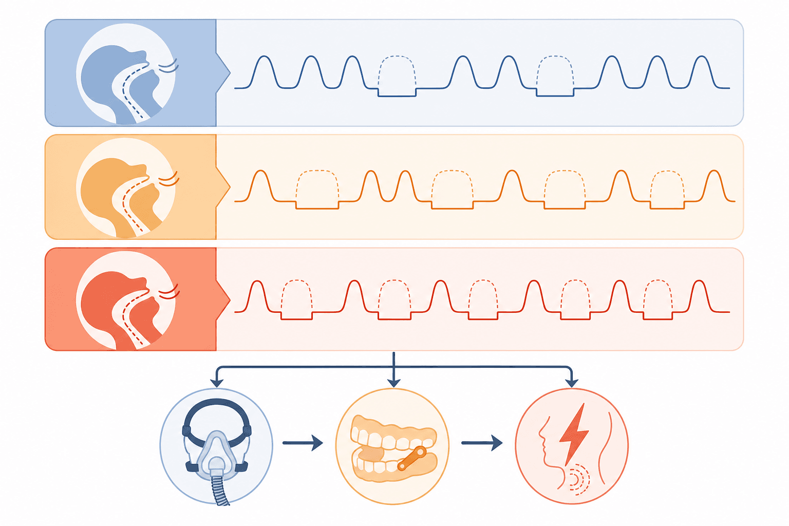 Medical infographic showing three OSA severity tiers in color bands — mild in blue, moderate in amber, severe in red — with treatment icons for CPAP, oral appliance, and hypoglossal nerve stimulation connected by directional arrows.
