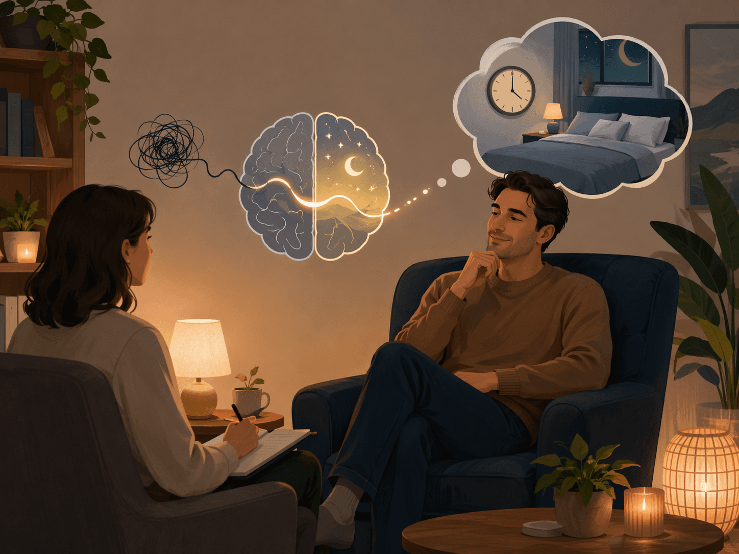 Person in a therapy setting with sleep and brain imagery representing cognitive behavioral therapy for insomnia