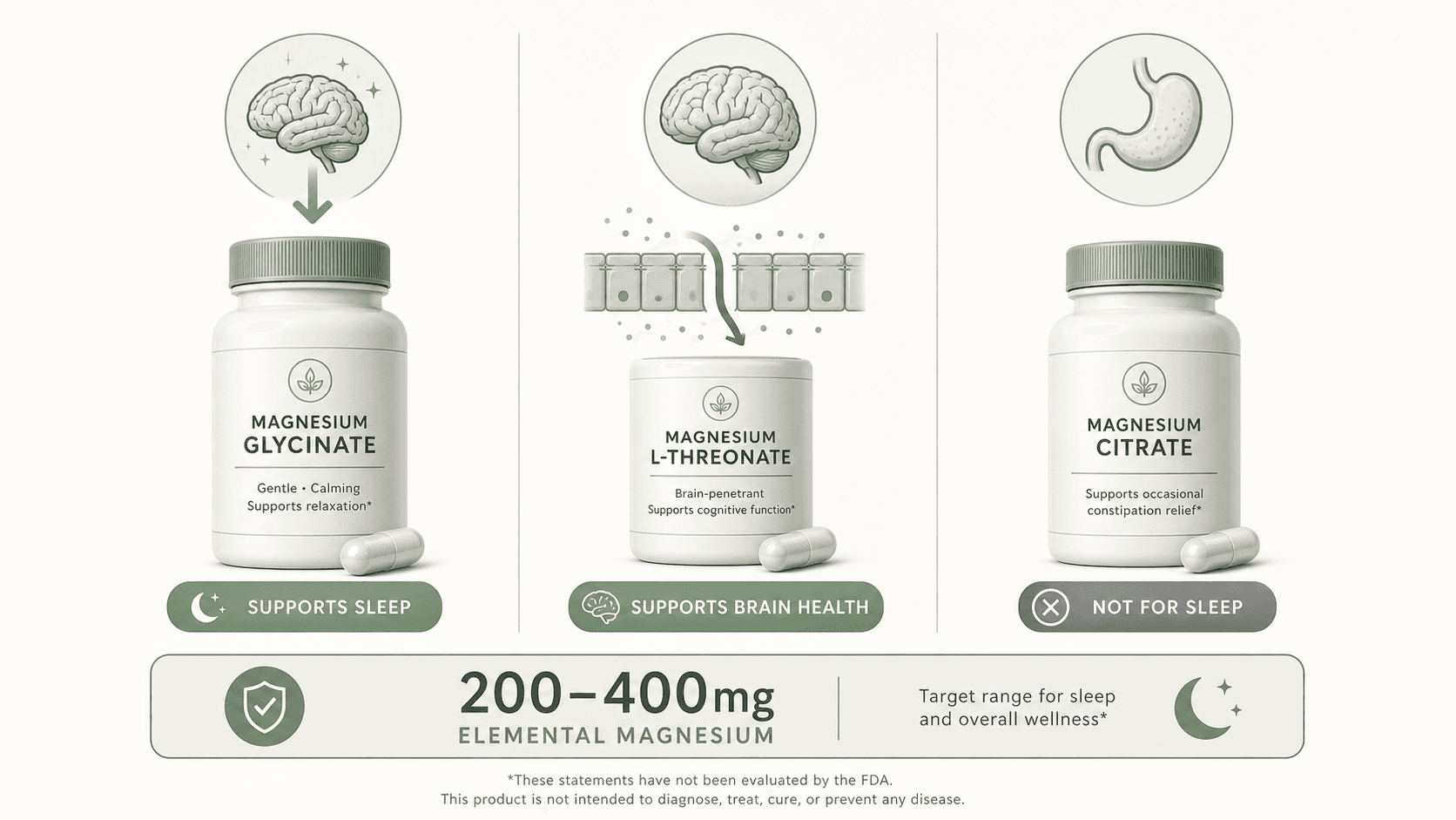 A three-panel comparison of magnesium forms: glycinate (brain icon with relaxation arrow), L-threonate (brain with blood-brain barrier arrow), and citrate (stomach icon with 'not for sleep' indicator) with a 200–400 mg elemental magnesium dosage bar below.