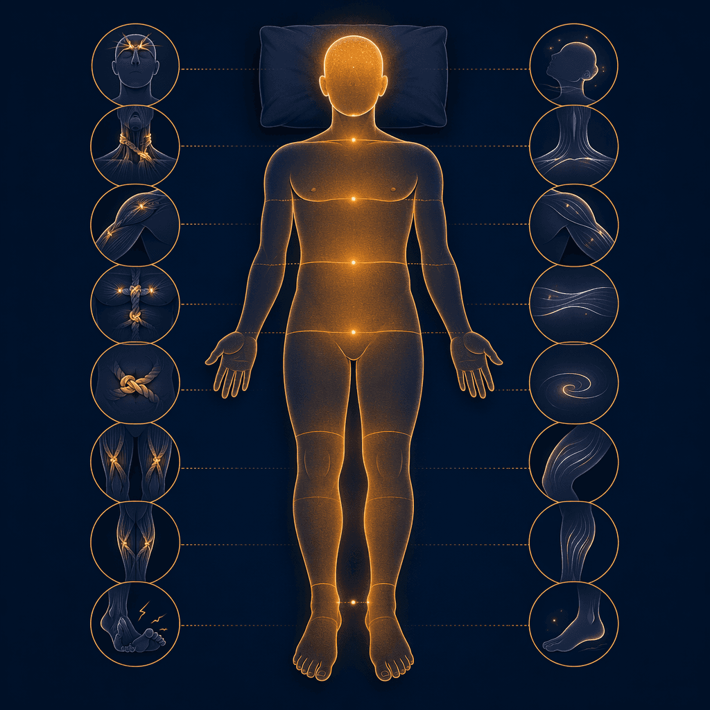 Body zones relaxing sequentially from feet to face during progressive muscle relaxation
