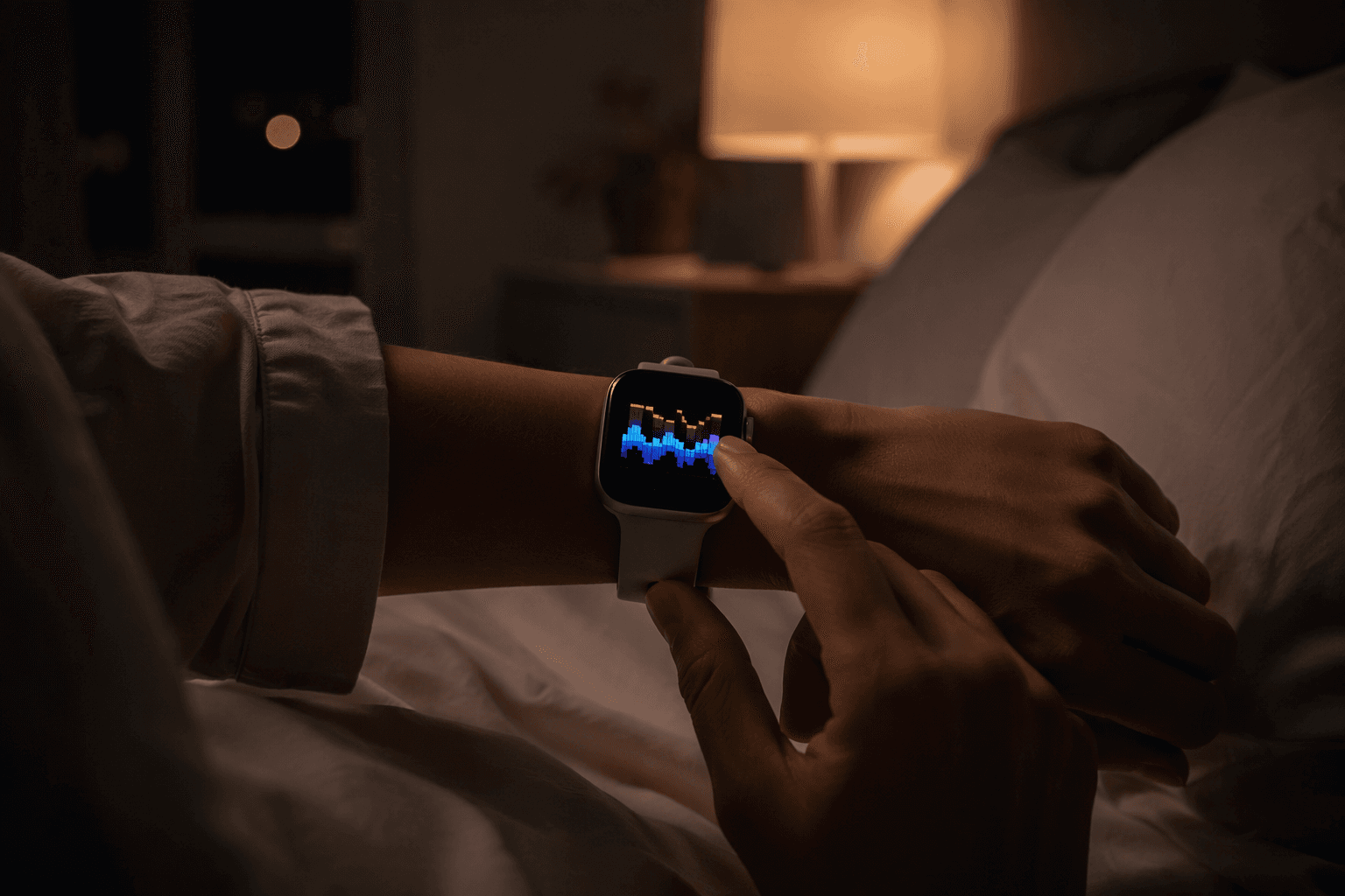 Apple Watch showing a sleep stage chart in a dim bedroom at night