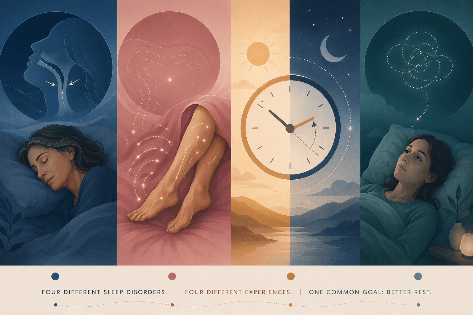 Four abstract editorial illustrations shown side by side in a horizontal flow: a subtle depiction of sleep apnea with airway narrowing, restless legs syndrome with dotted energy lines near leg forms, circadian disruption with a shifted clock and sun-moon cycle, and insomnia with a calm figure lying awake. Each is color-coded in deep blue, warm rose, amber, and teal.