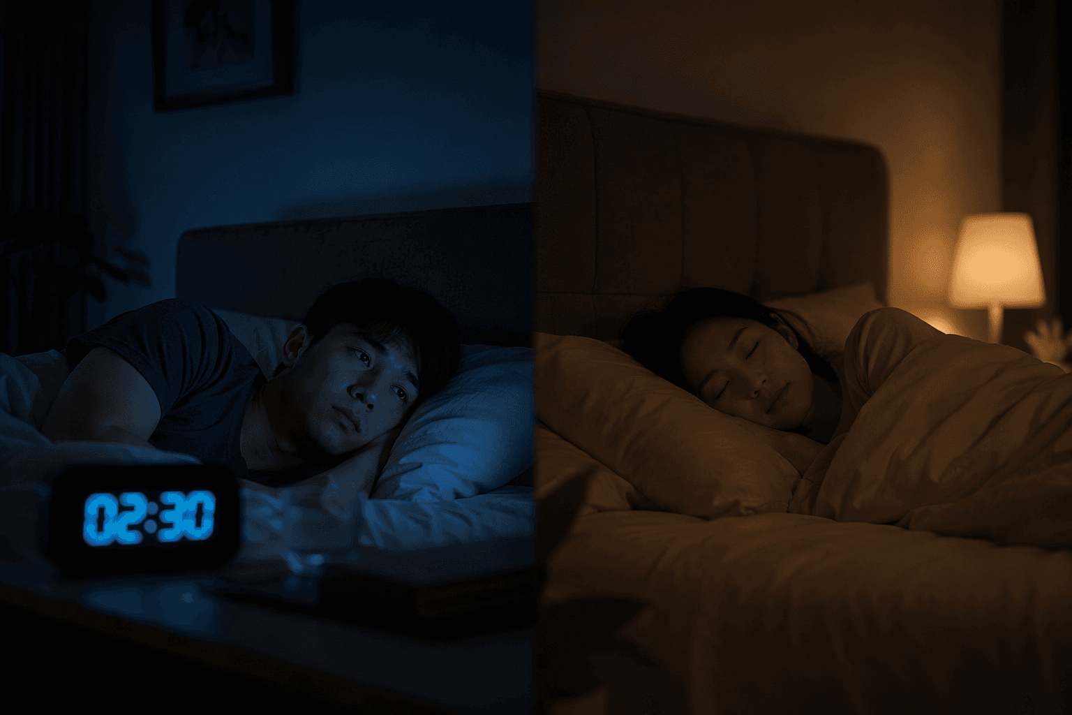 A dark bedroom split composition: on the left, a person lies awake with eyes open, a clock glows showing 2:30 AM, and soft blue lighting suggests anxious wakefulness; on the right, a person sleeps peacefully in warm amber-toned dim lighting, visually contrasting two different experiences of the same night.