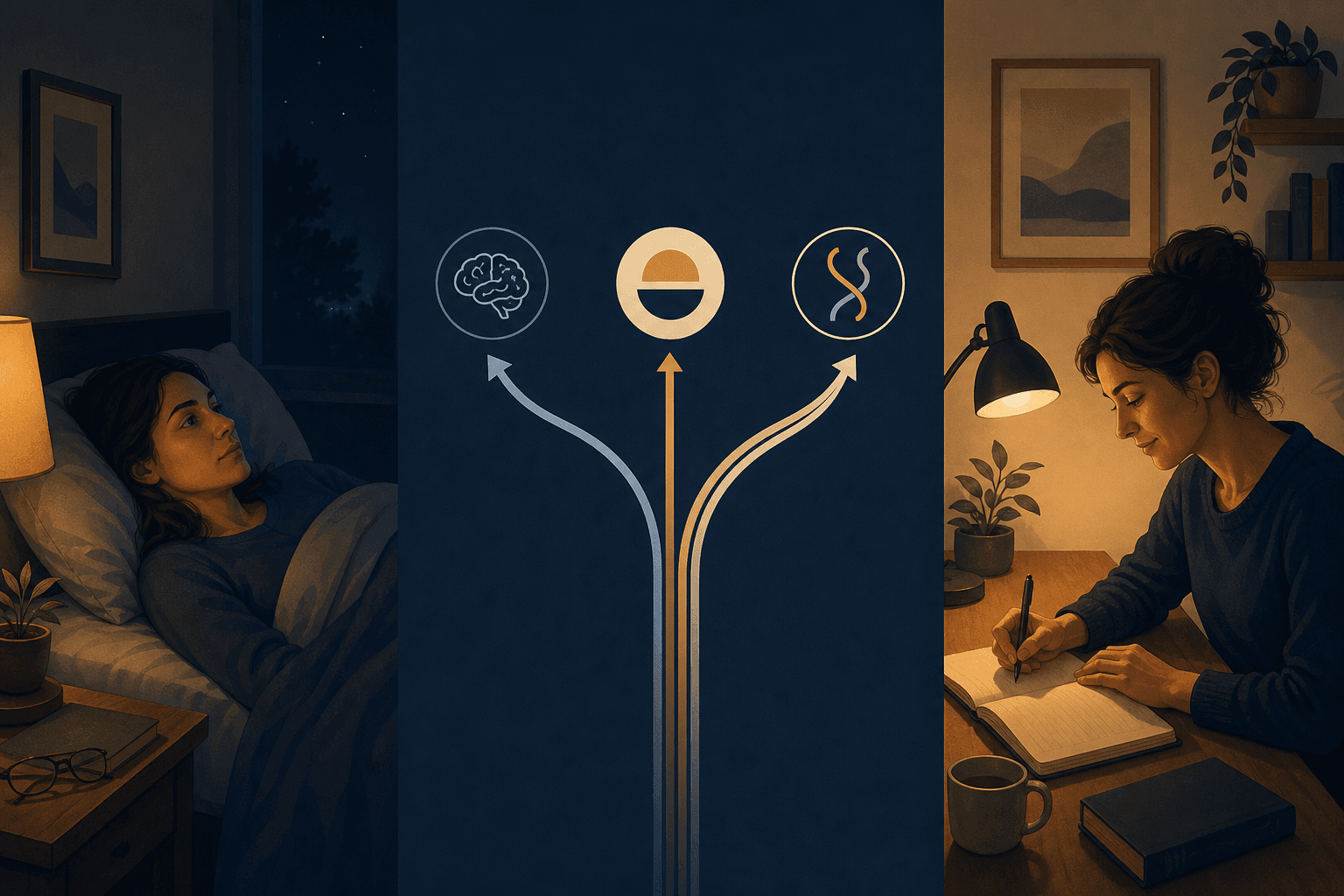 Split-panel editorial illustration showing an adult lying awake at night, three diverging treatment path arcs, and a person writing in a sleep diary at a warm-lit desk