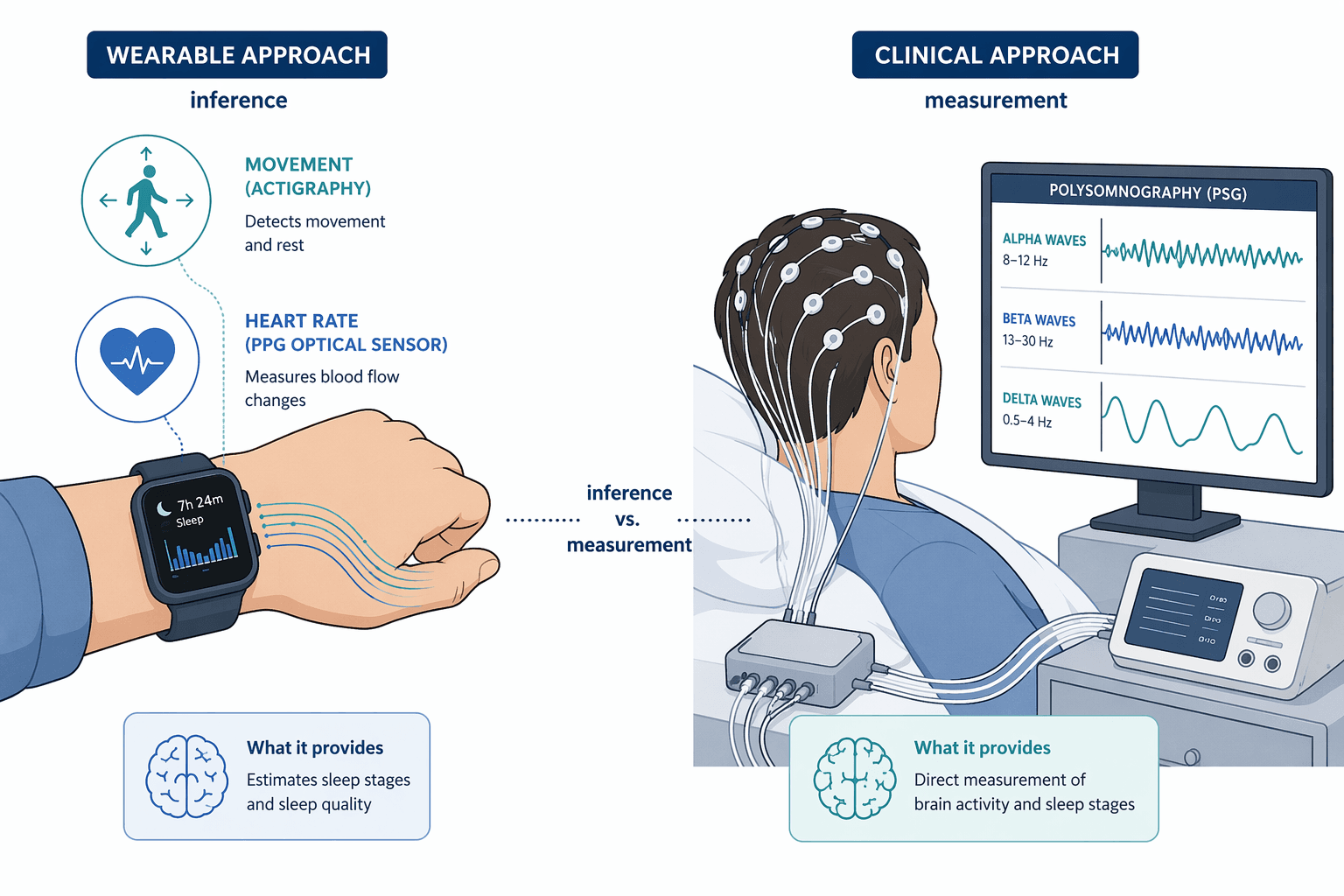 Diagram comparing smartwatch movement and PPG sleep sensing with EEG-based polysomnography brain wave measurement